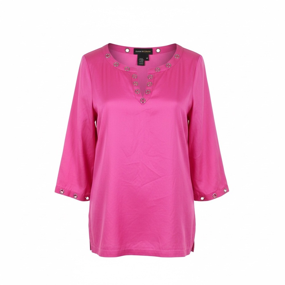 DANA BUCHMAN 100% Silk Quiet Luxury Pink Grommet V Neck 3/4‎ Sleeve Tunic Top